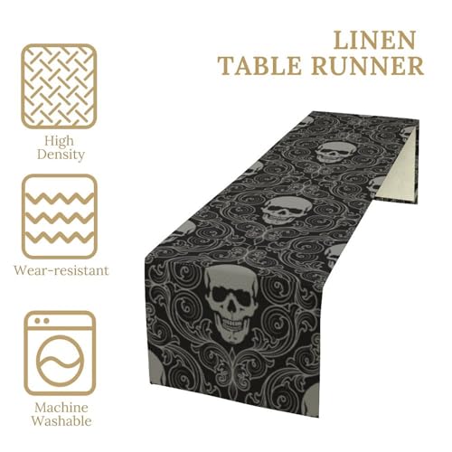 Gothic Skull Table Runner W13xL36 Black Abstract Halloween Damask Skeleton Decor