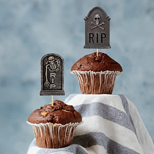 Halloween Tombstone Cupcake Toppers - 24 Pcs Scary Cake Decorations for Party
