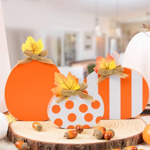 Fall Wooden Pumpkin Decor Set of 3 - Rustic Autumn Table Centerpieces