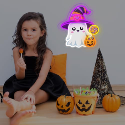 Halloween Ghost Neon Sign Dimmable with Witch Hat - Colorful LED Light