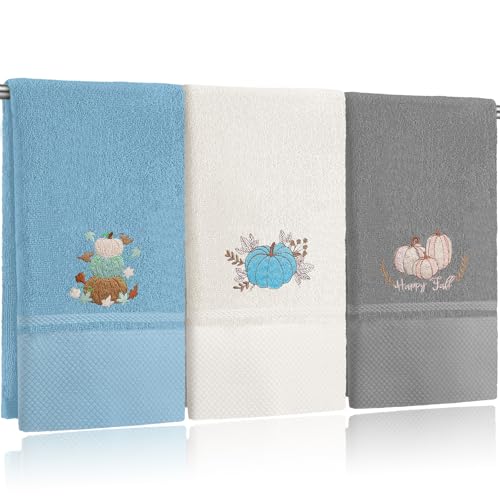 FuWeave Blue White Fall Pumpkin Hand Towels Set - Halloween Bathroom Decor