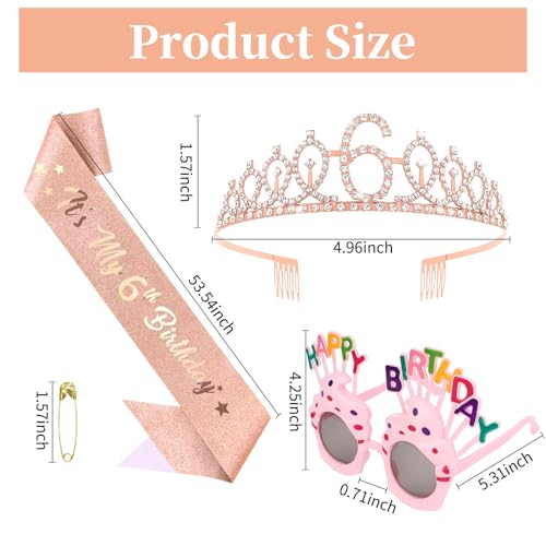 6th Birthday Decorations Kit with Glitter Sash and Crown - Rose Gold Variation