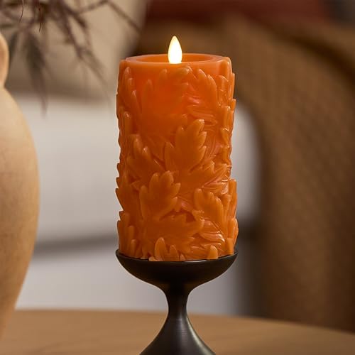 Marmalade Luminara Flameless Pillar Candle with Leaves - 3.5x6.5 Inches, Timer, Flickering Flame