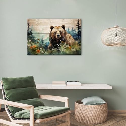 Wildlife Bear Watercolor Wall Art - Rustic Forest Canvas for Living Room & Nursery - 30x20 Inches