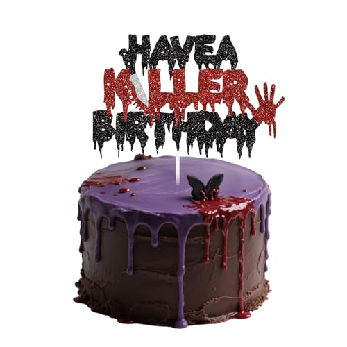 Halloween Cake Topper - Black and Red Glitter Horror Birthday Decorations