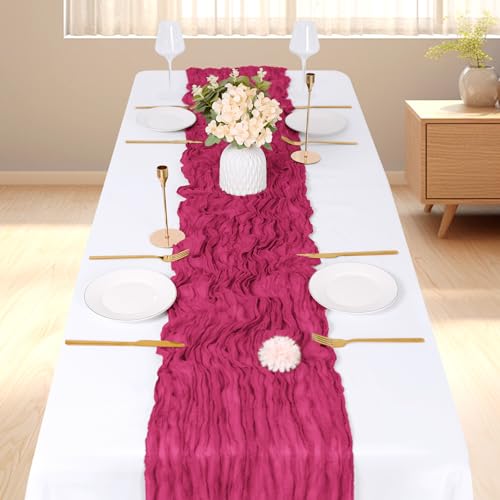 3 Pack Hot Pink Cheesecloth Table Runner 17x108 Inch for Wedding Party Holiday