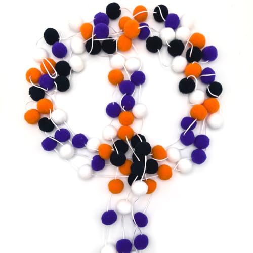 Halloween Wool Felt Ball Garland - 3 Pack, 19.68 Ft, Black, Orange, Purple & White