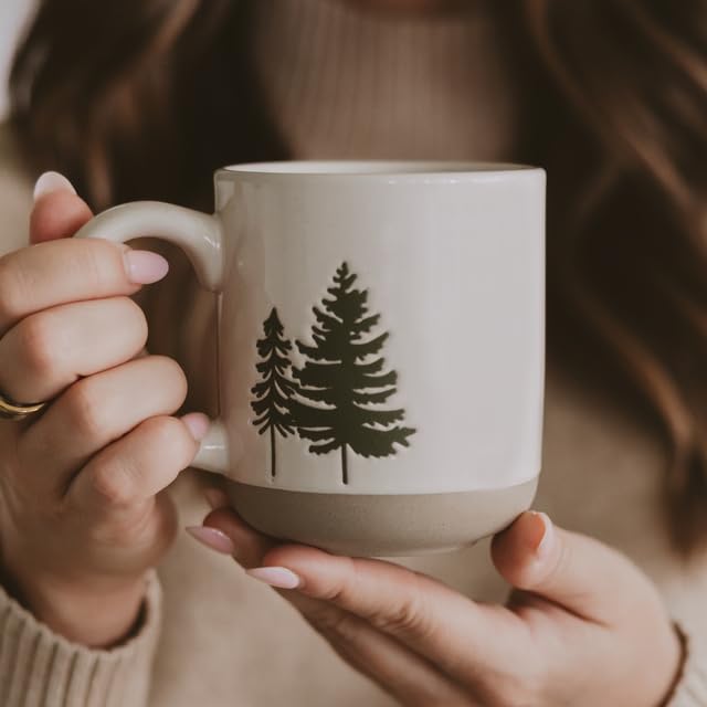 Green Trees Coffee Mug - 14oz Holiday Stoneware Cup, Microwave & Dishwasher Safe, Festive Winter Gift