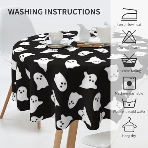 Halloween Round Tablecloth 60 Inch Black & White Ghost Design - Reusable Table Cover for Home & Parties - Cute Ghost Variation