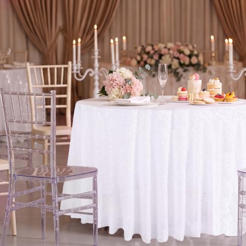 QueenDream White Sequin Round Tablecloth 108 Inch for Party & Wedding - Glitter Sparkle