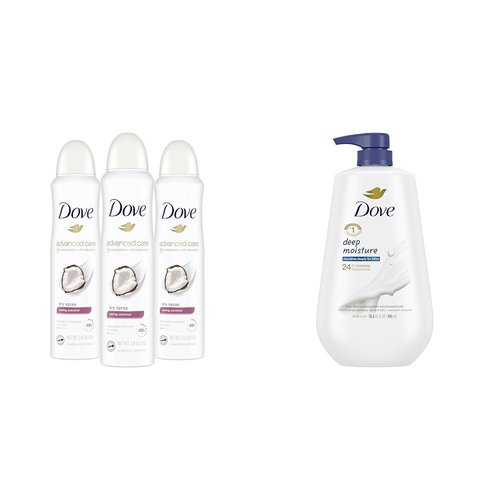 Dove Advanced Care Dry Spray Antiperspirant Deodorant Caring Coconut 3 Count & Dove Body Wash with Pump Deep Moisture For Dry Skin Moisturizing Skin Cleanser