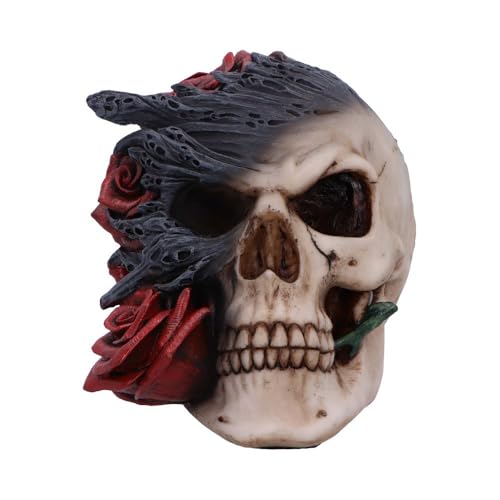 Gothic Skull Figurine with Red Roses and Black Smoke - Hand-Painted Resin Decor