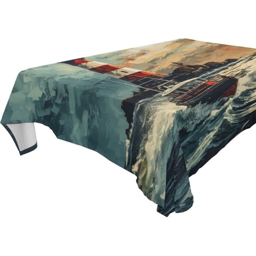 Nautical Lighthouse and Boat Tablecloth - Rectangular 90x60 Inches
