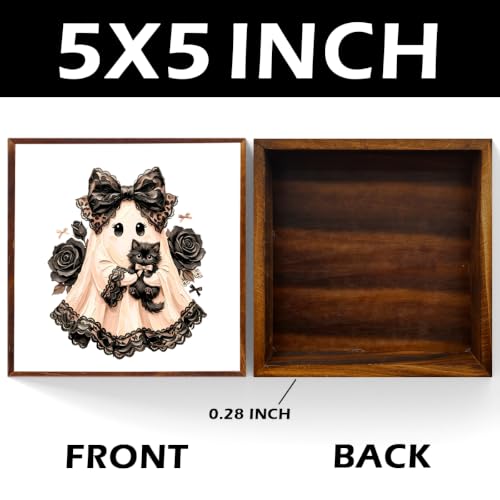 Halloween Wooden Sign Decor - Ghost Cat Variation, 5x5 Inches