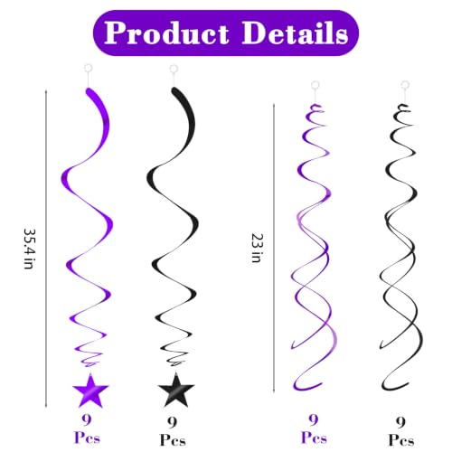 Black Purple Star Swirl Decorations - 36PCS Halloween Party Ceiling Streamers with Variation