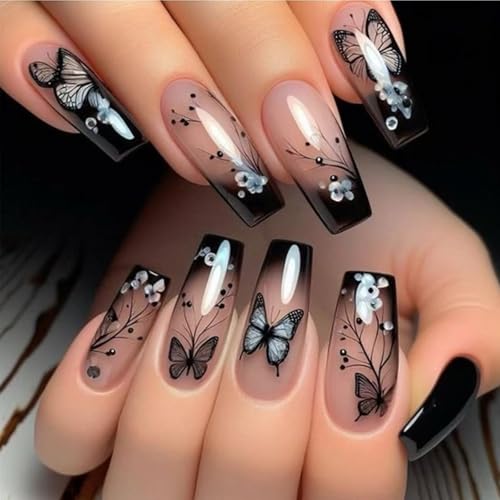 YCLSKNO 24Pcs Black Coffin Press On Nails with Butterfly Floral Design, Easy Glue-On Fake Nails