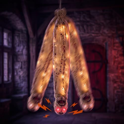 35in Animated Halloween Shaking Mummy Decoration with Red Eyes & Lights - Hanging Horror Prop