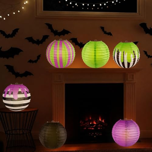 Halloween Paper Lanterns Set - 12 Black, Purple, Green Striped Decor, 10 Inch