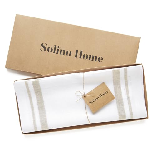 Linen Table Runner 14x108 Inches - Natural & White Striped, Handcrafted