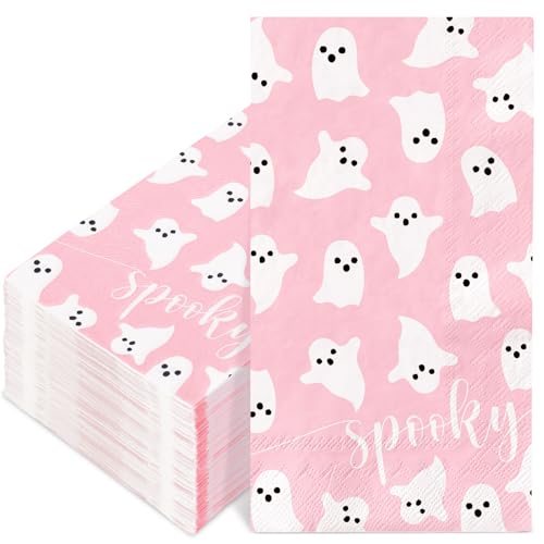 Pink Halloween Ghost Guest Napkins - 100 Pack Disposable Party Table Supplies