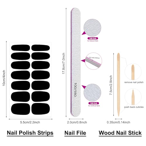 Dark Solid Color Glitter Nail Polish Strips - 24 Sheets with Bonus File & Cuticle Stick - Variation of Glitter & Solid Color-03