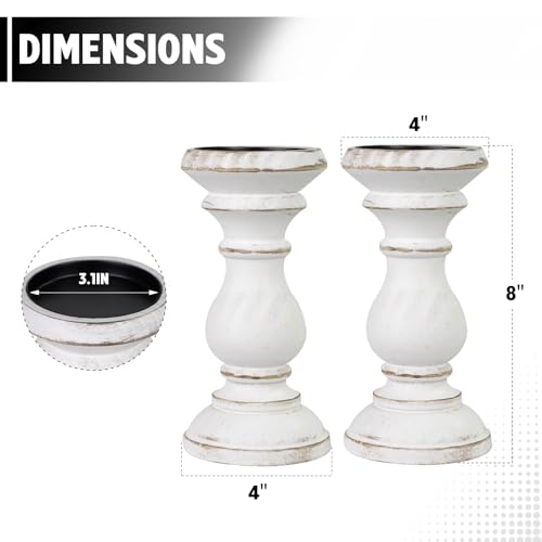 Antique White Wooden Candle Holders Set of 2 for Pillar Candles - Farmhouse Rustic Decor