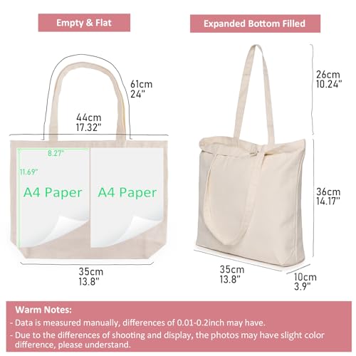 Beige Zippered Canvas Tote Bag - 17x14 Inch Reusable Grocery Shopping Bag with Flat Bottom - 6 Pack