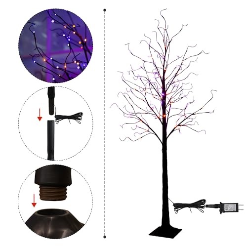 2 Pack 6ft Black Birch Tree with Purple & Orange LED Halloween Lights, Waterproof Spooky Decor with Timer