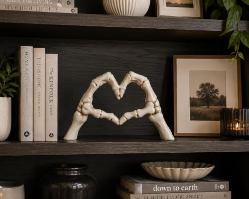White Skeleton Heart Hand Sculpture - Gothic Resin Halloween Decor - 9.1 Inch - Variation of Skeleton Gesture