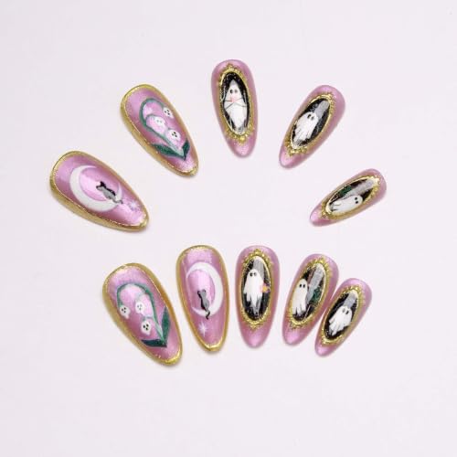 Halloween Medium Almond Press-On Nails W15 Purple Gold Frame Ghost & Cat Eye Design - 24Pcs