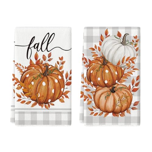 Orange Pumpkin Leaves Fall Kitchen Towels Set of 2 - 18x26 Inch, Absorbent & Soft