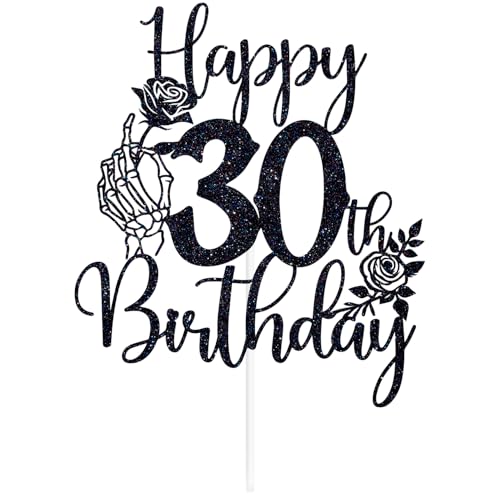 Gothic 30th Birthday Cake Topper Skeleton Hand Rose Glitter Decor