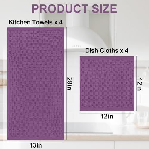 Purple Cotton Kitchen Towels & Dishcloths Set - 8 Pack, Soft & Absorbent