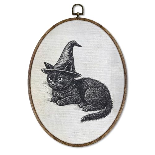 Halloween Witchy Black Cat Wall Art Decor - Oval Canvas Print, 8.5x11.5 Inches