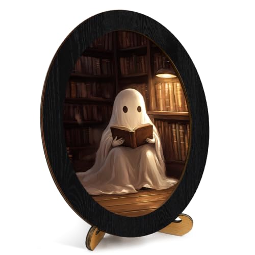 Vintage Ghost Library Halloween Oval Wall Art Frame - Bookish Ghost Variation