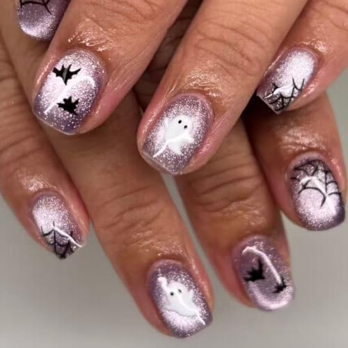 Halloween Short Square Fake Nails with Ghost Spider Web Bat Designs - 24Pcs Press-On Nails for Women
