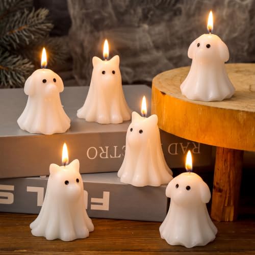 Cute Halloween Ghost Candles Set - Dog and Cat Shaped Decor, 6 Pcs