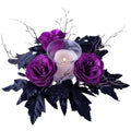 Halloween Candle Ring Wreath Artificial Purple Flowers Black Maple Leaves 9.84"