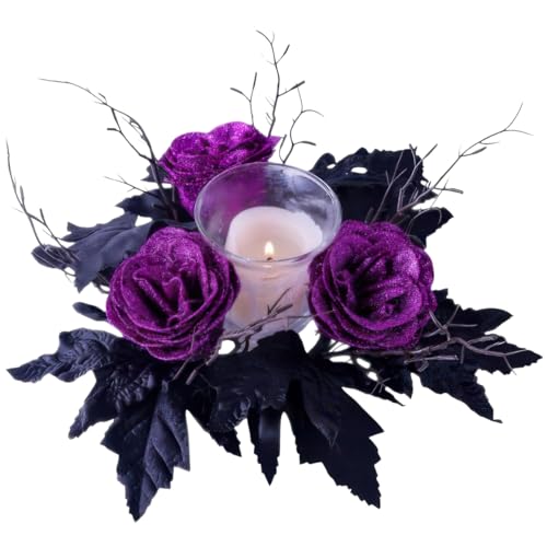 Halloween Candle Ring Wreath Artificial Purple Flowers Black Maple Leaves 9.84"