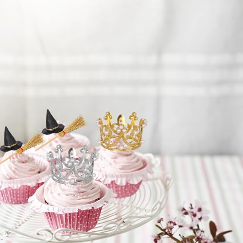 Halloween Witch Hat Cake Topper Set with Broom and Crown - 16 Pack for Parties & Celebrations - Variation 1