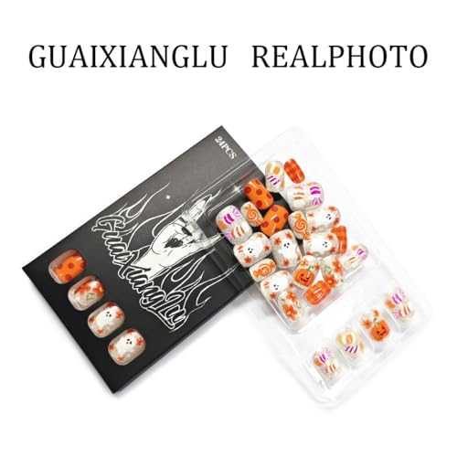 Halloween Press On Nails Short Square Nails with Pumpkin Ghost Designs - Pattern W16, 24 Pcs
