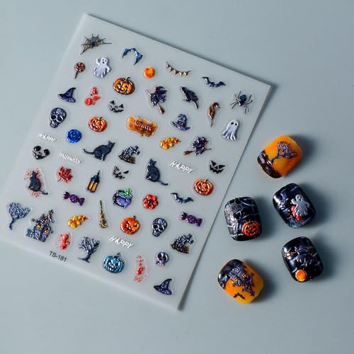 Halloween Nail Art Stickers 5D Embossed Ghost Cats Skull Witch Pumpkin Spider Nail Decals – Variation 5D-010