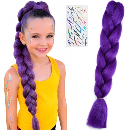 Dark Purple Braiding Hair Extension with Demon Tattoos - 24 Inch Crochet Box Braids