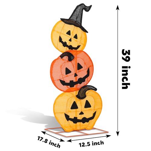 Lighted Halloween Stacked Pumpkins Decoration with 50 Warm White LEDs - Indoor & Outdoor Porch Yard Display - 39 Inches Tall - Variations of Stacked Pumpkins
