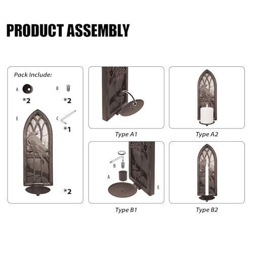 Crow Gothic Wall Candle Sconce Set of 2 - Wrought Iron Candelabra with Removable Trays for Taper & Pillar Candles, Medieval Cathedral Window Design, Dark Academia Decor