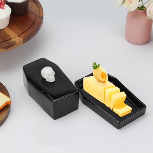 Gothic Skull Ceramic Butter Dish with Lid - Halloween & Horror Decor