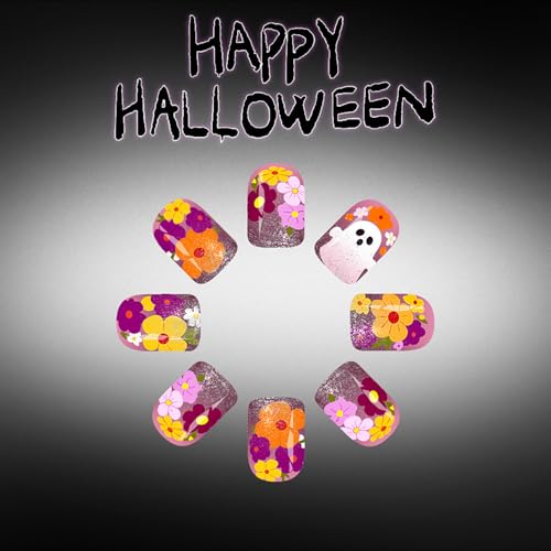 Halloween Press On Nails Short Square Fake Nails - Cute Halloween Ghost Design - Variation of HalloweenDesigns4