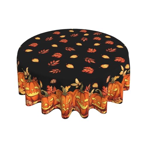 Halloween Round Tablecloth 60 Inch Spooky Pumpkin Leaves Water-Resistant Decor