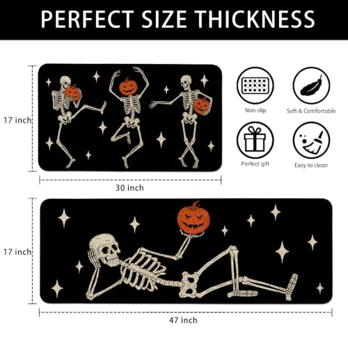 Halloween Skeleton Pumpkin Kitchen Mat Set of 2 Non Slip Washable Rug Decor