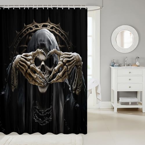 Retro Skeleton Shower Curtain Set Gothic Spooky Bone Bathroom Decor 72x72 with Hooks Black